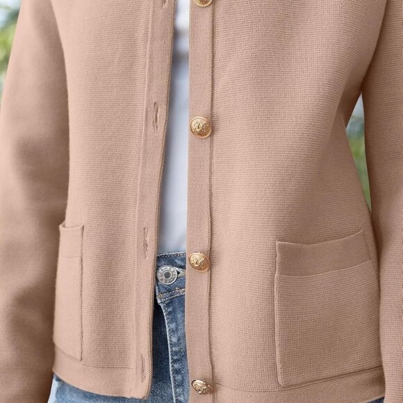 Women's Striped Cropped Cardigan Khaki Size Medium - Picture 7 of 9